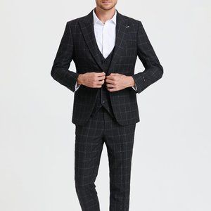 Windowpane Peak Lapel Suit 3-Piece By Tazio, Charcoaled Black